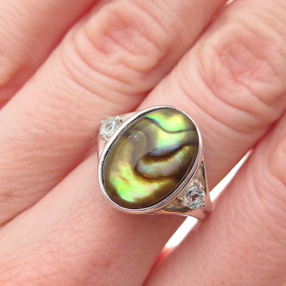 925 Sterling Silver Vintage Real Abalone Shell & Blue Topaz Ring Size 6.25